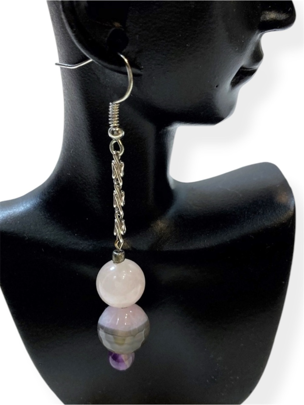 Handcrafted Silver Drop Earrings with rose, quartz, agate, amethyst, Gem Beads
